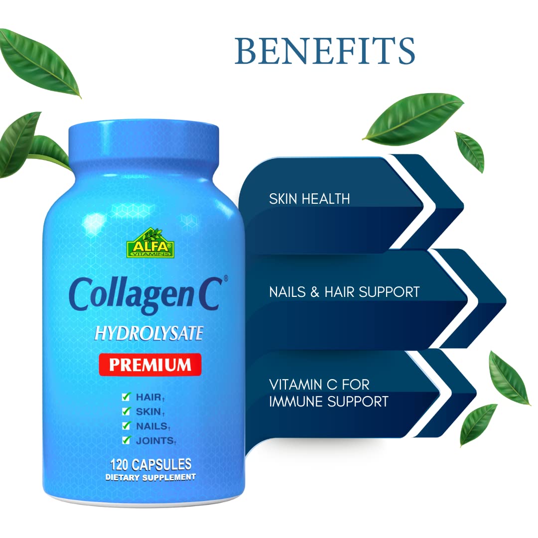 ALFA VITAMINS CollagenC Hydrolysate Premium Dietary Supplement with Vitamin C, Supports Skin, Hair, Nails & Bone Health, Enhances Collagen Production, Collagen Peptides for Rejuvenation, 120 Capsules