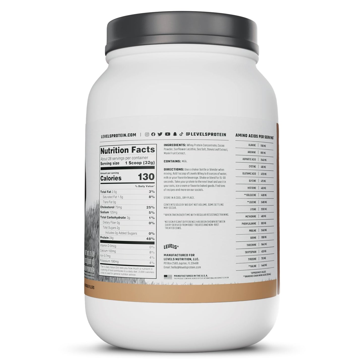 Levels Nutrition Grass Fed Whey Protein Powder, Pure Chocolate, No Artificials, 32