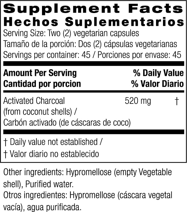 Bio Nutrition Activated Coconut Charcoal 260 mg Vegetarian Capsules, 90 Capsules