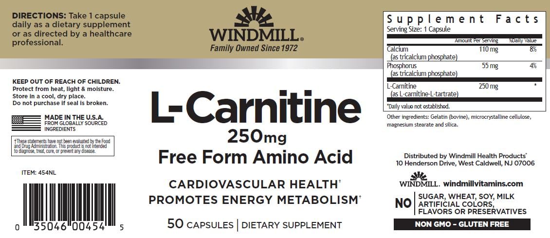 Windmill L-Carnitine 250 mg Capsules 50 Count