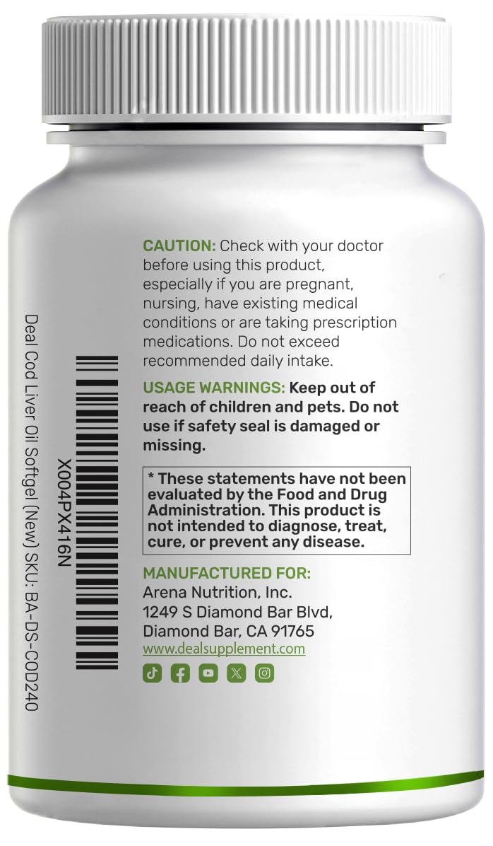 DEAL SUPPLEMENT Wild Caught Cod Liver Oil 2000mg Per Serving Softgels 240