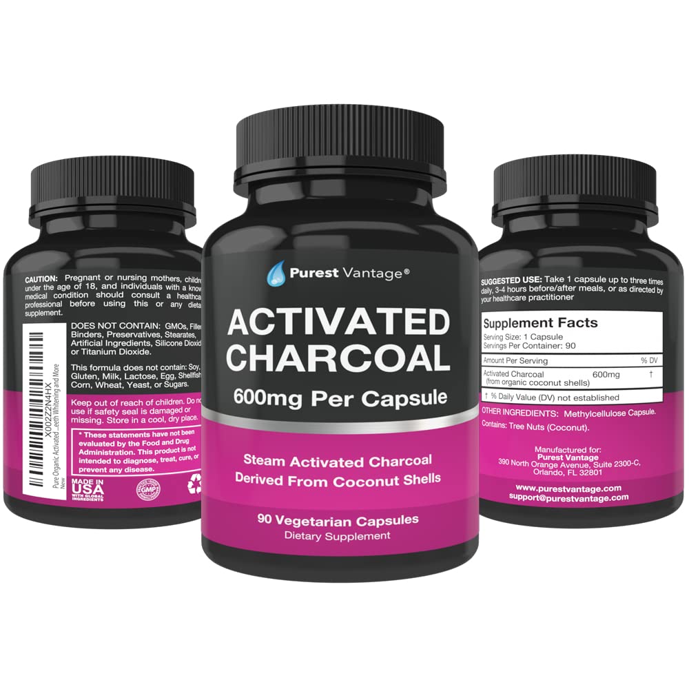 Purest Vantage Pure Organic Activated Charcoal Capsules, 90 Count