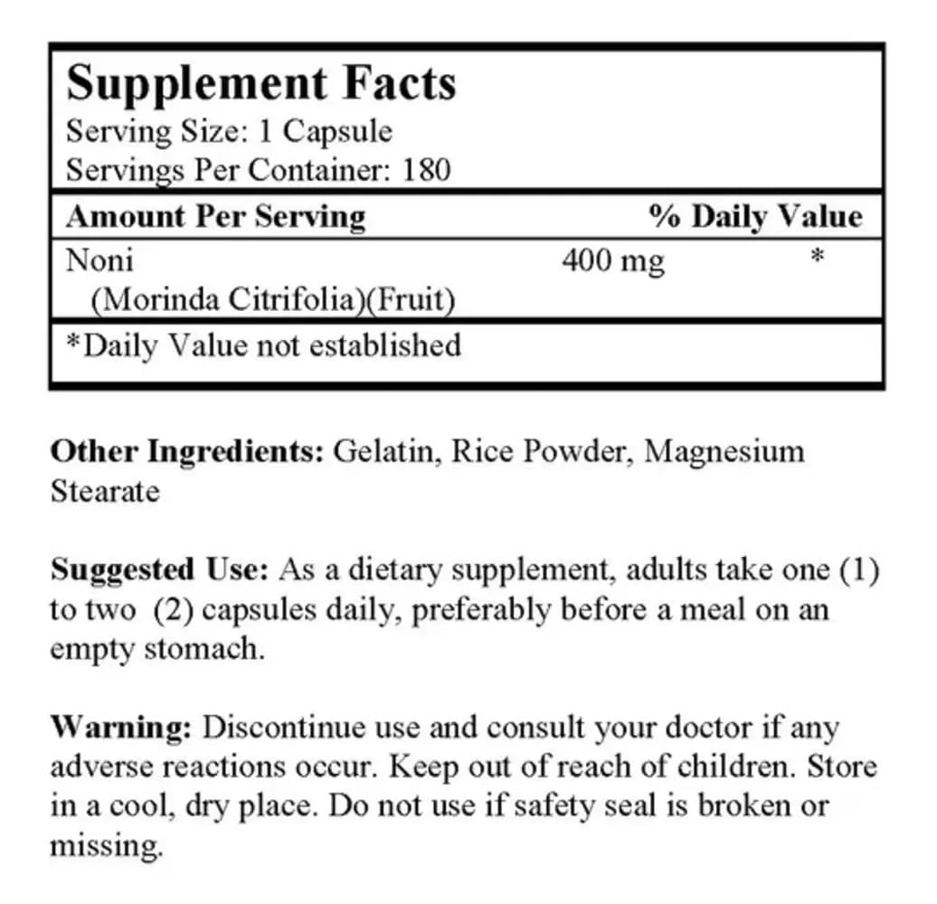 Nu-Health Noni Capsules 400mg Morinda Citrifolia Superfruit Extract, 180 Capsules