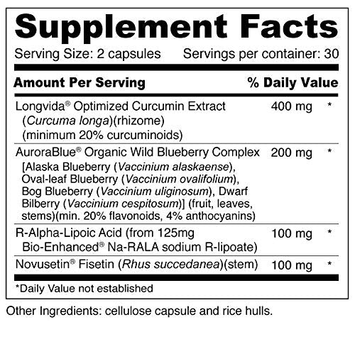 Wellness Resources Brain Protector Longevity Supplement with Novusetin Fisetin, Longvida Curcumin, AuroraBlue Wild Blueberry and na-RALA Senolytic, Nerve & Brain Support, Capsule, 60 Count