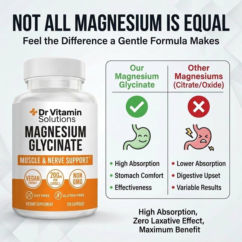 DR VITAMIN SOLUTIONS Magnesium Glycinate 200mg High Absorption Chelated Magnesium Supplement for Sleep, Stress, Muscle & Nerve Support, Calm & Relaxation, Vegan, Non-GMO, Gluten & Soy Free, 120 Capsules