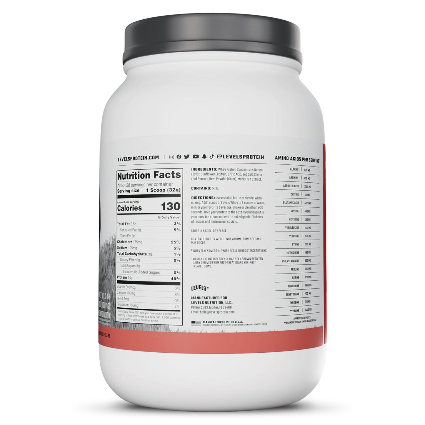 Levels Nutrition Grass Fed Whey Protein Powder, Strawberry, 32 Servings