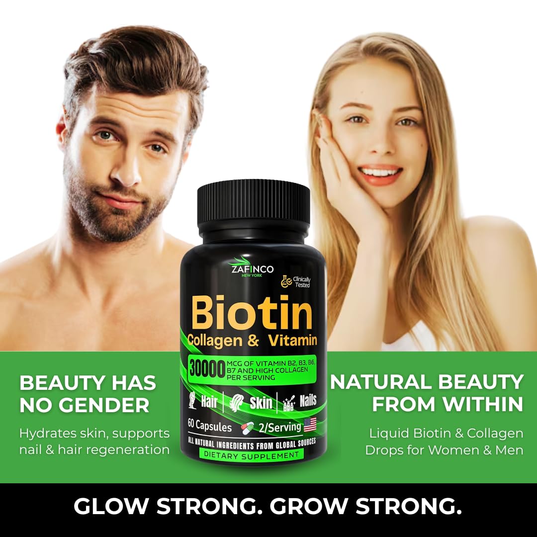 ZAFiNCO Biotin Capsule for Women and Men with 30000 mcg Biotin, Collagen, Hyaluronic Acid & Multivitamin Formula, 60 Capsules