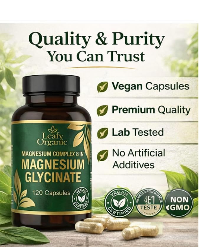 Leafy Organic Magnesium Glycinate 8 in 1 Complex Supplement Capsules 120 Count