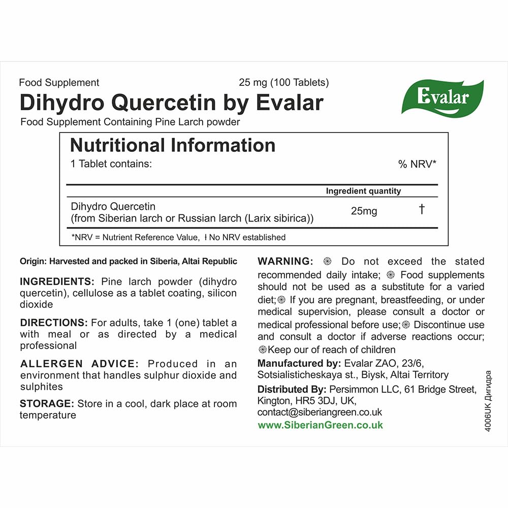 Evalar Dihydro Quercetin Siberian Pine Larch Bioflavonoid Tablet 100 Tablets
