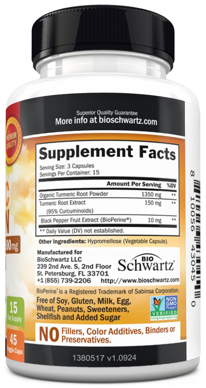 BioSchwartz Turmeric Curcumin with Black Pepper Extract 1500mg Capsules, 45 Count