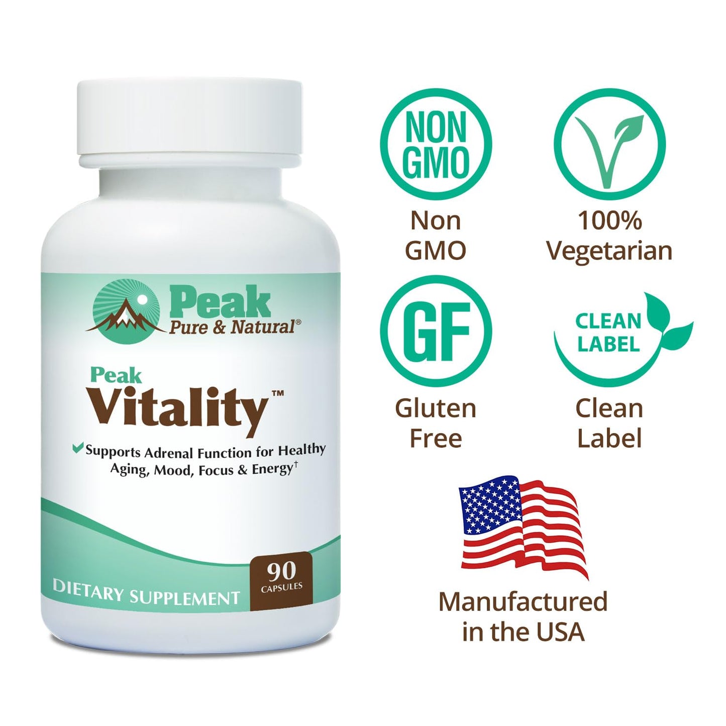 Peak Pure & Natural Peak Vitality Adrenal Support Supplement Capsules 90 Count
