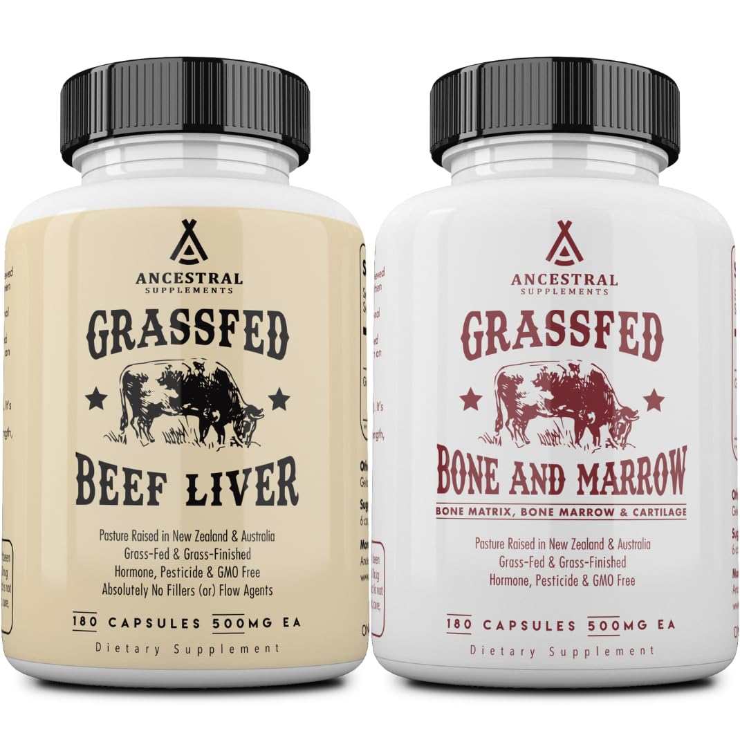Ancestral Supplements Grass-Fed Beef Liver & Bone Marrow 3000mg Capsules, Pack of 2