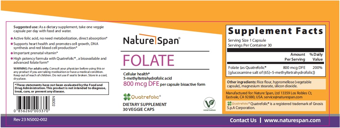 NATURESPAN 6S-5-methyltetrahydrofolic Acid 800 mcg Capsules, 30 Capsules