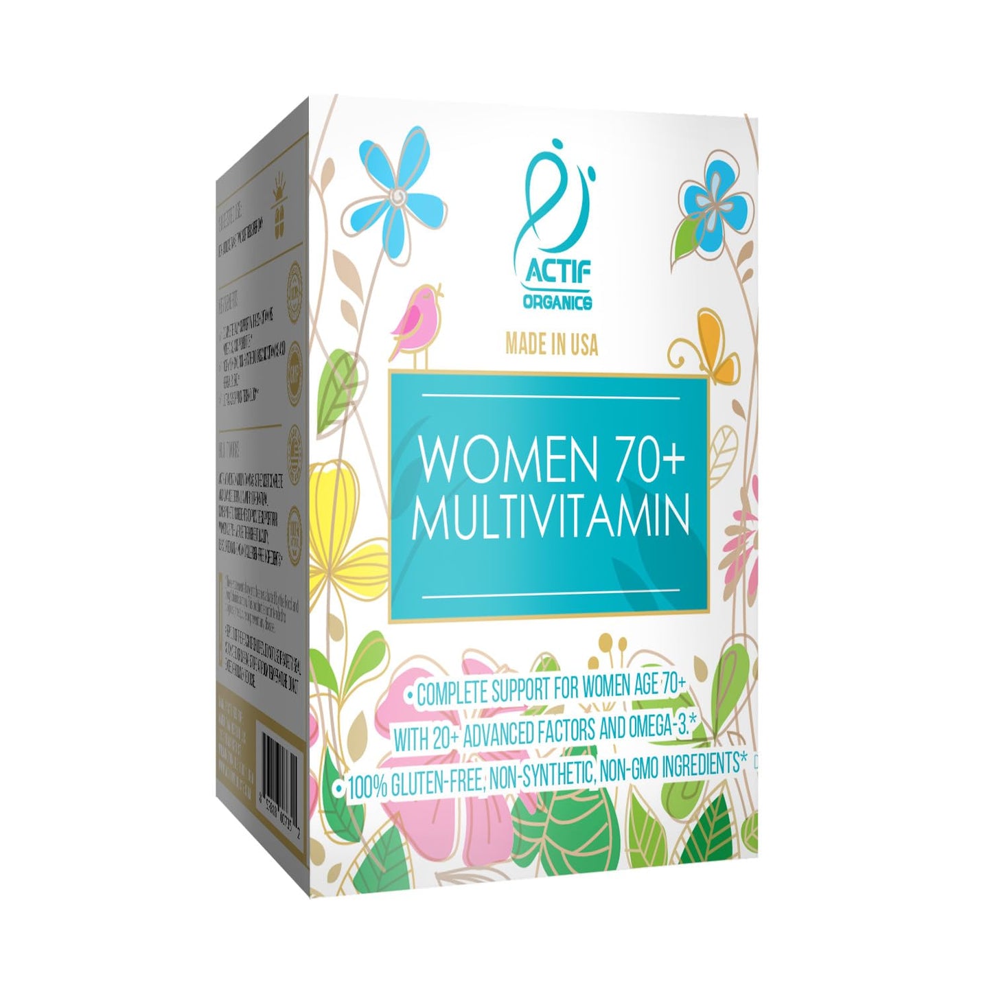 ACTIF Organic Multivitamin for Women 70+ with 20+ Advanced Factors and Omega-3 Softgels, 90 Count