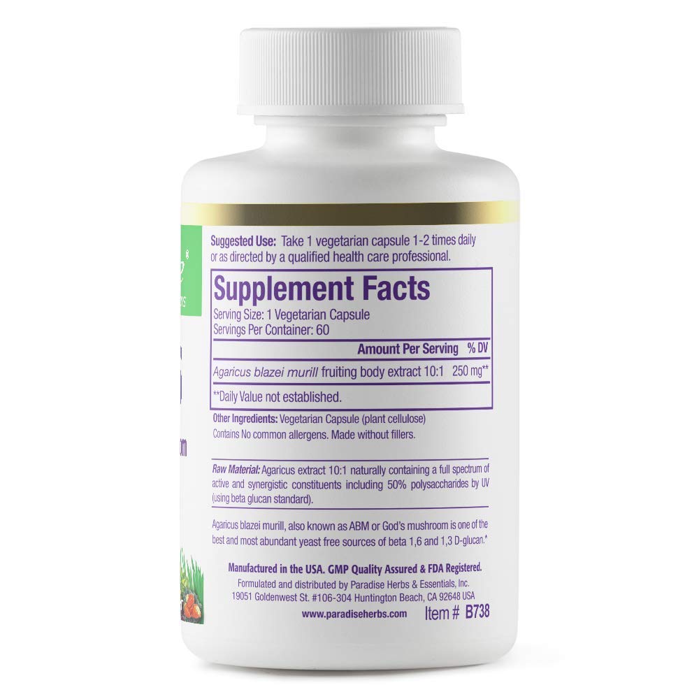Paradise Herbs Beta Glucans from Yeast Free Agaricus Mushrooms 120 Capsules