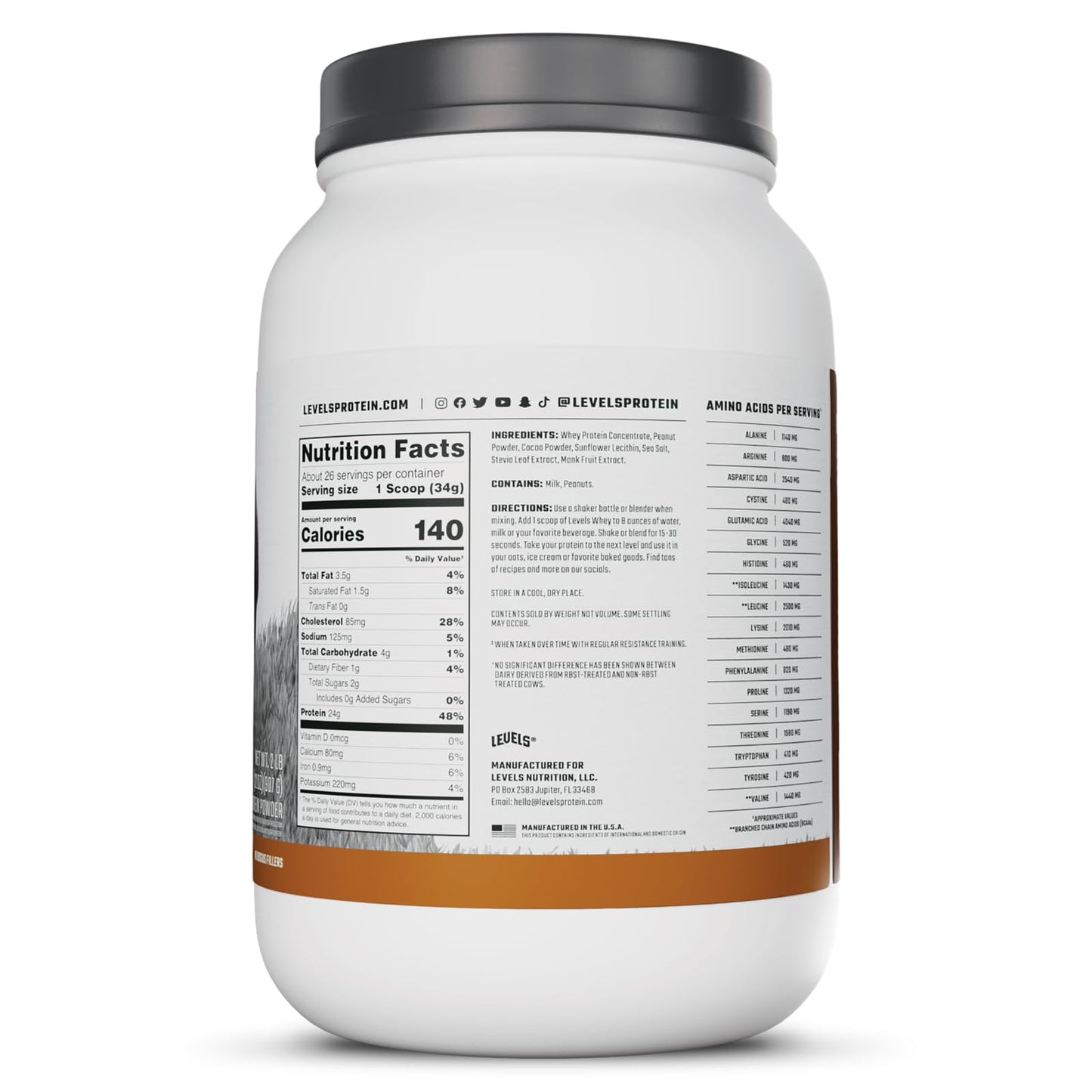 Levels Nutrition Grass Fed Whey Protein Powder, Chocolate Peanut Butter, 32 Servings
