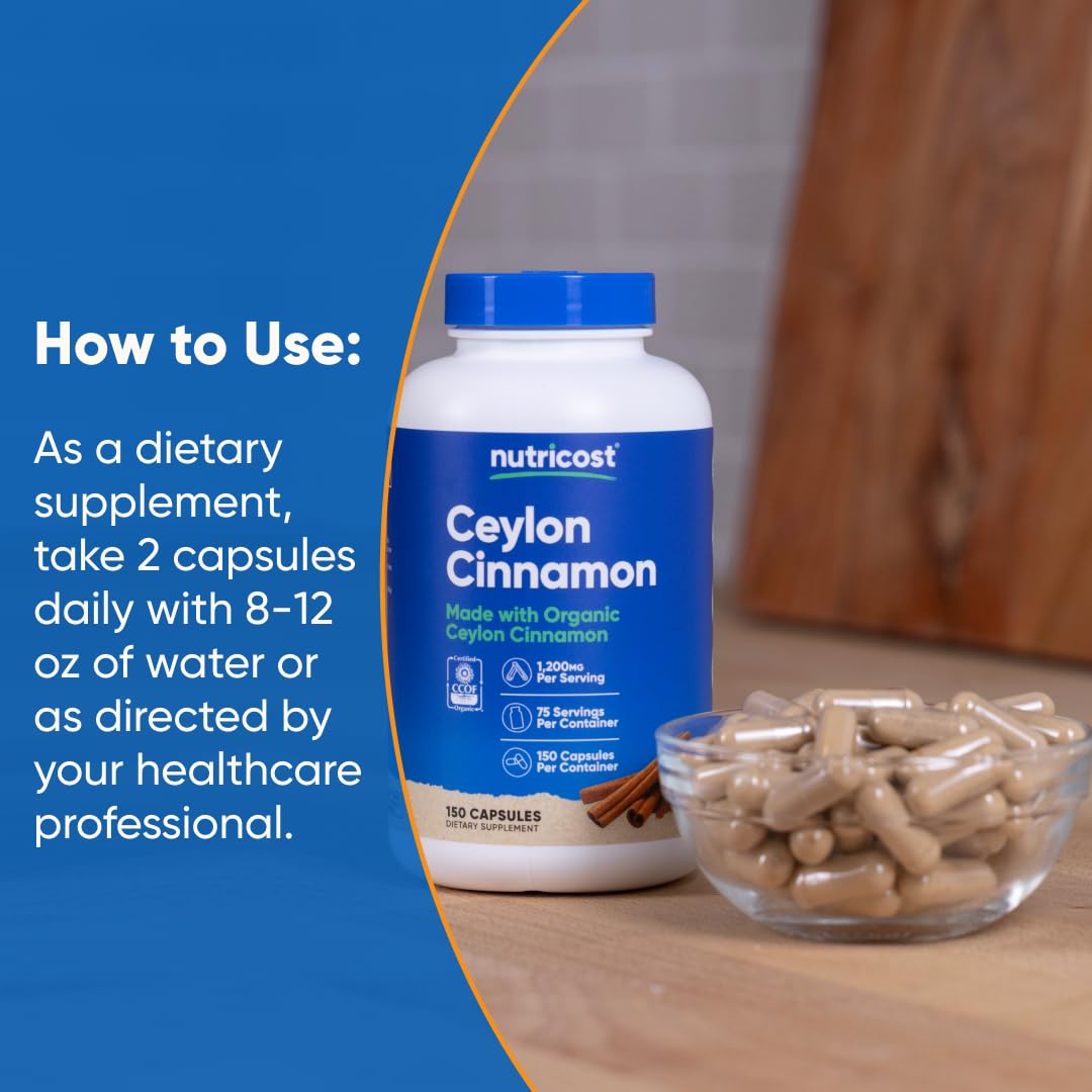 Nutricost Organic Cinnamon (Ceylon Cinnamon) 1,200mg Capsules, 300 Count