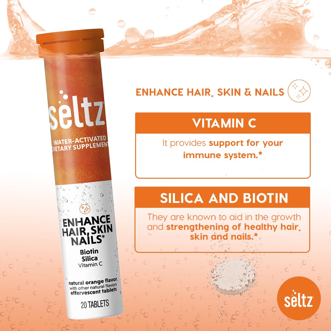 Seltz Enhance Hair, Skin & Nails Effervescent Vitamins with Biotin, Silica & Vitamin C for Beauty & Immune Support, 120 Tablets