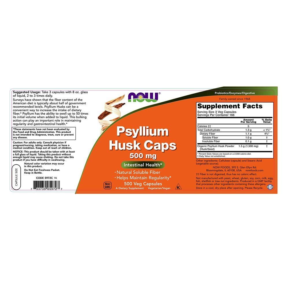 NOW Foods Psyllium Husk 500 mg Capsule, 500 Capsules