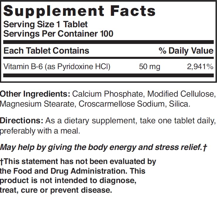 Nature's Blend Vitamin B-6 50mg Tablet, 100 Count