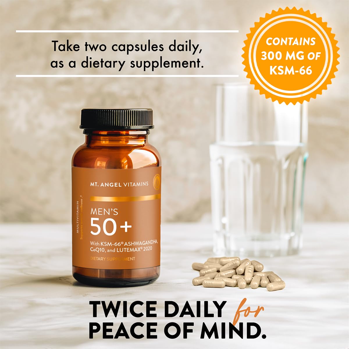 Mt. Angel Vitamins Daily Mens Multivitamin 50+ Adult Formula with Iron, Calcium, KSM-66 Ashwaganda 60 Capsules