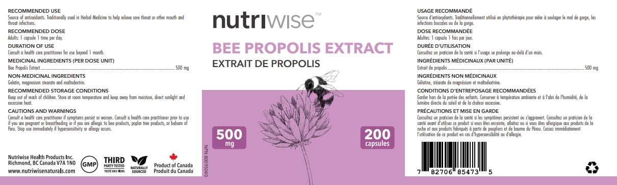 NutriWise Brazilian Bee Propolis Extract Immune Support 500mg Capsules, 200 Count