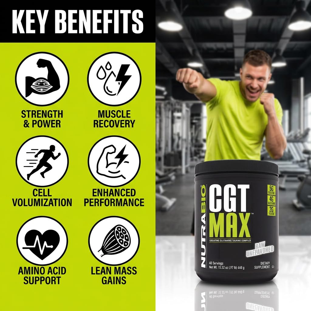 NutraBio CGT-MAX Creatine, Glutamine and Taurine Powder 15.52 Ounce