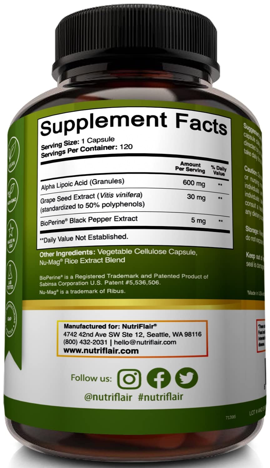NutriFlair Alpha Lipoic Acid 600mg Capsules 120 Count