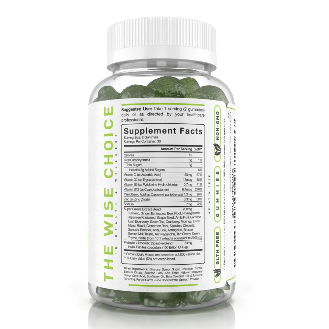 PUREFINITY Daily Super Greens Gummies with Spirulina, Spinach, Broccoli, Beet Root, Acai, and Other Vegetables, All-in-One Veggie Supplement, 60 Count