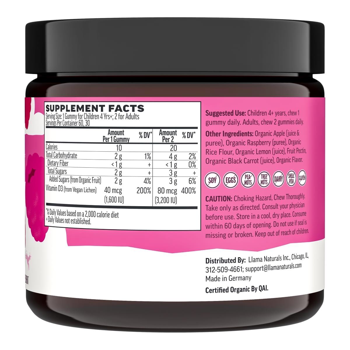Llama Naturals Vitamin D3, Vegan, Organic Immune Support Supplement, Vitamin D Gummies for Adults and Kids, Real Fruit Gummy Vitamins, Promotes Bone Health, No Added Sugar Cane, Raspberry, 60 Ct