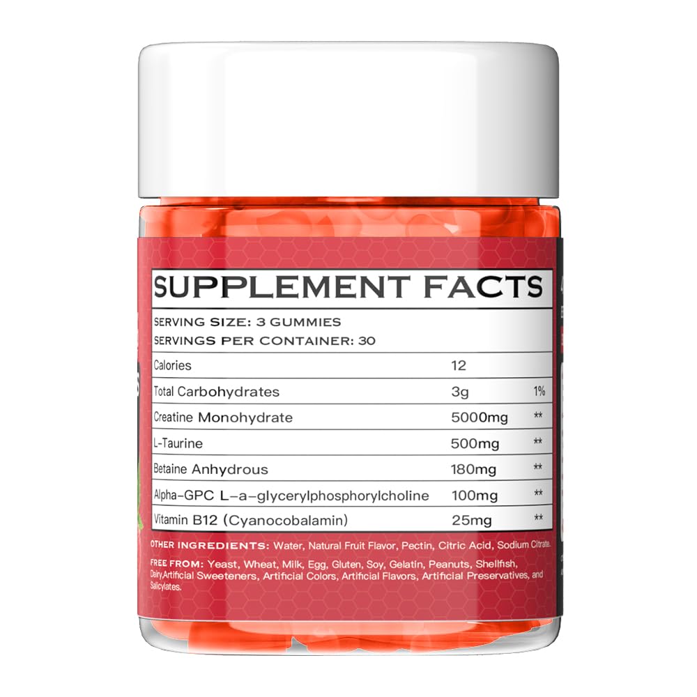Ydizon Creatine Monohydrate Gummies Complex – 5000mg per Serving with L-Taurine & Vitamin B12, Pre-Workout Support, Vegan & Sugar-Free, 90 Count