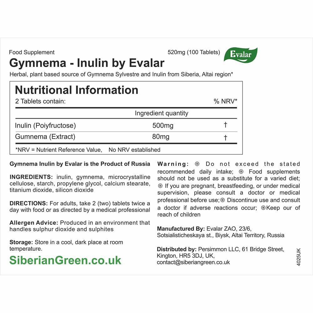 Evalar Gymnema Sylvestre Inulin Olidzhim Herb Tablets, 100 Count