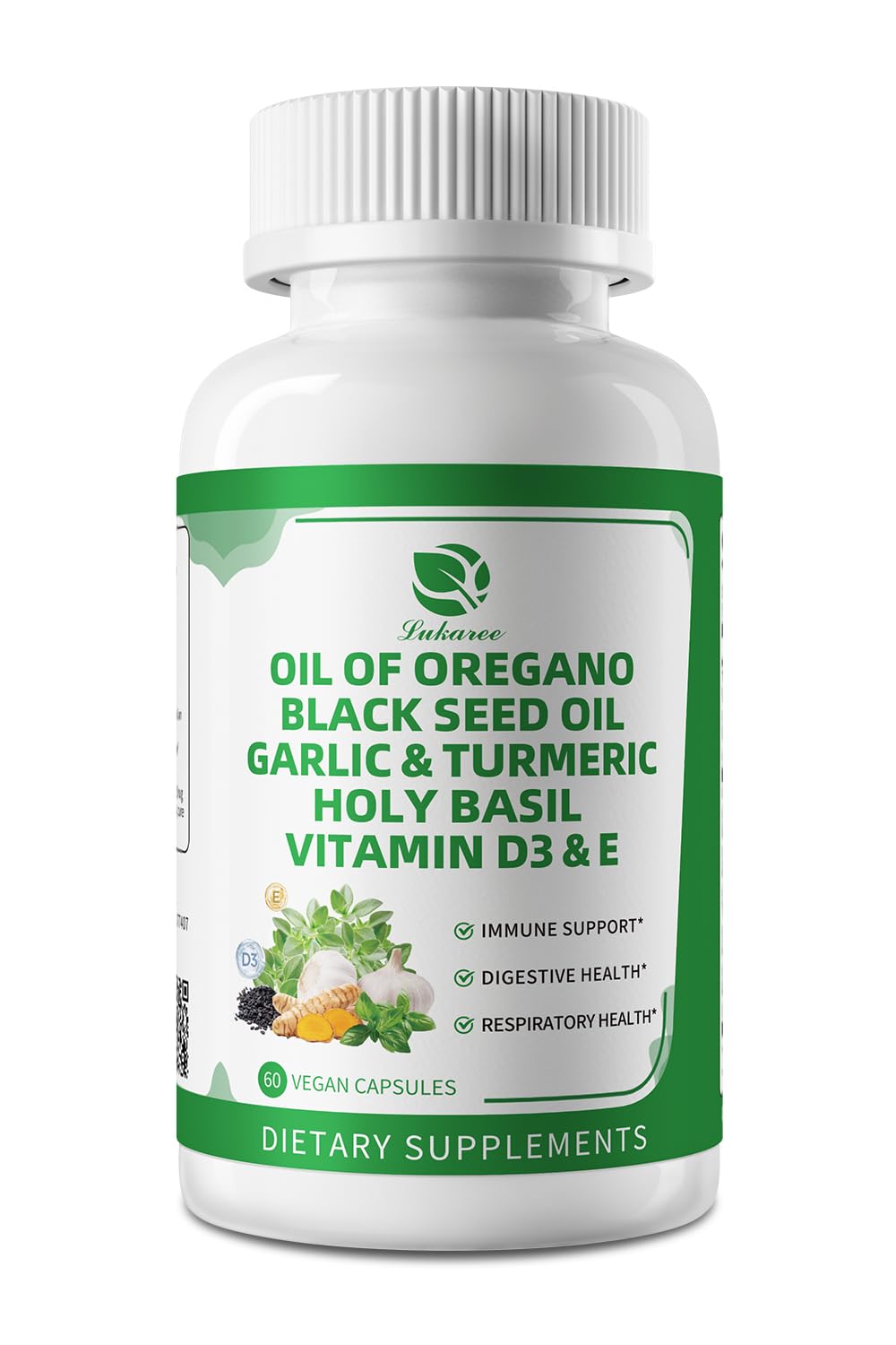 Lukaree Oil of Oregano Capsules with Black Seed Oil, Garlic, Turmeric, Holy Basil, 60 Capsules