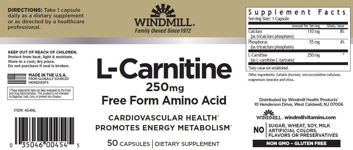 Windmill L-Carnitine 250 mg Capsules, 50 Capsules