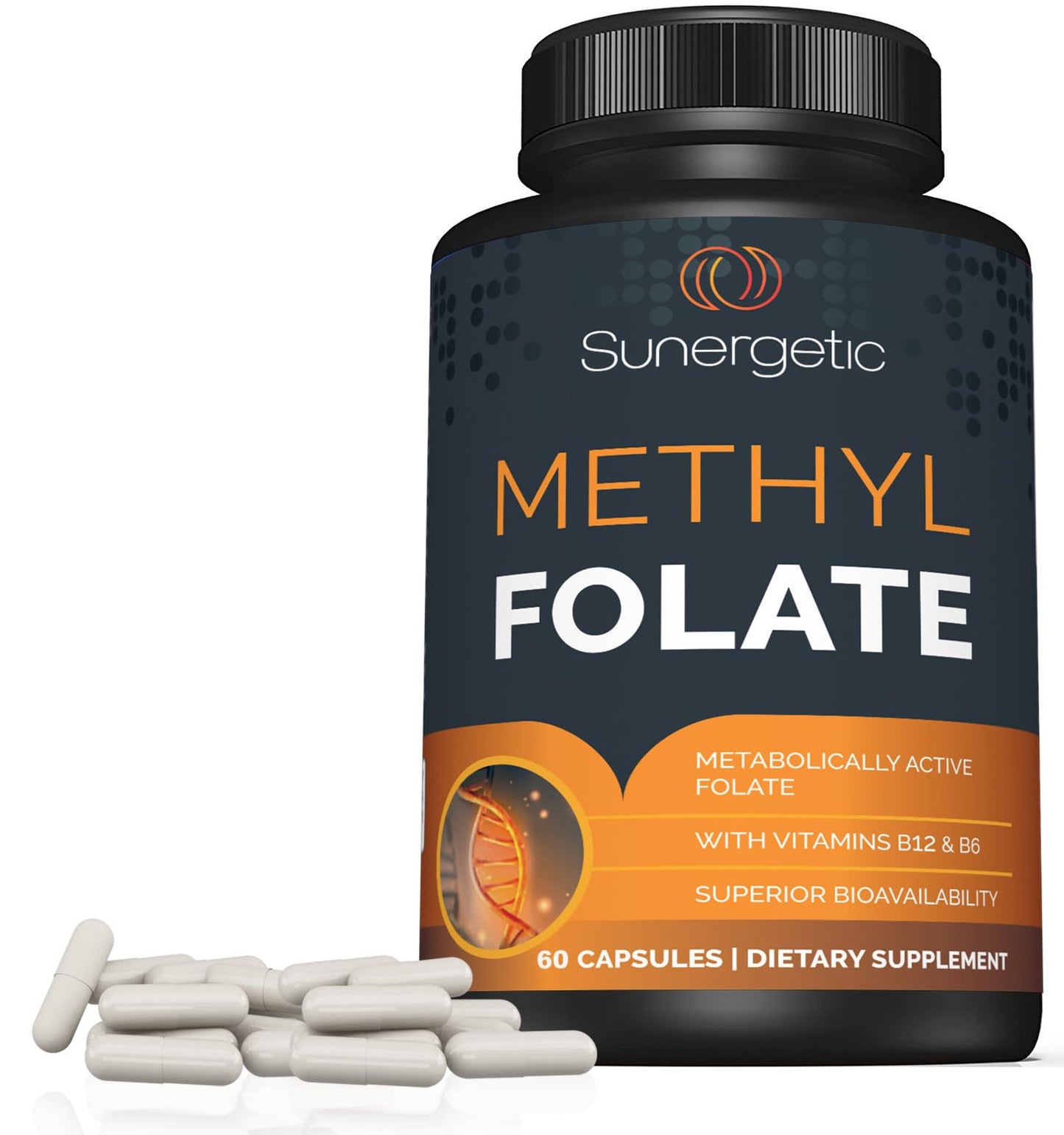 Sunergetic Methyl Folate Supplement with Methylated B12 and B6, Magnafolate Metabolically Active Folate, 400 mcg per Capsule, 60 Capsules