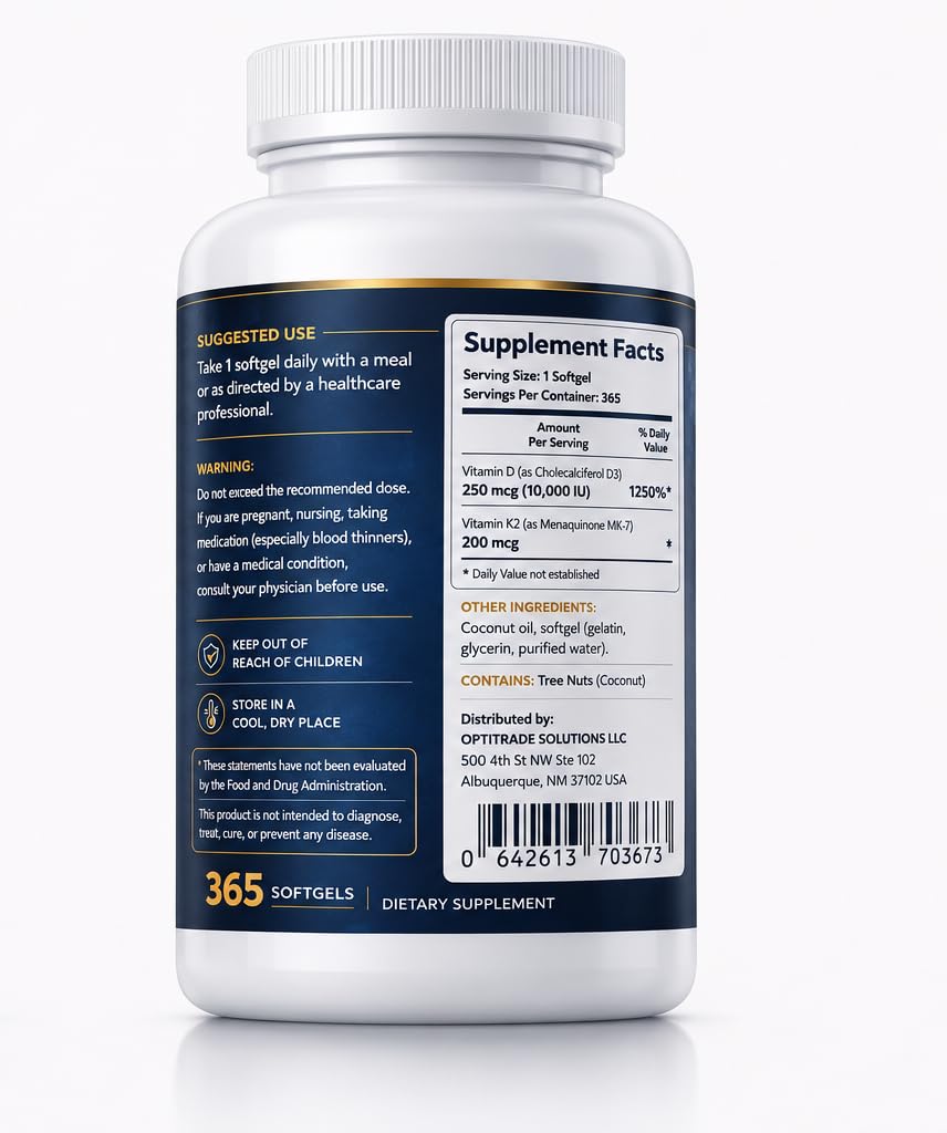 H&D Labs Nutrition Vitamin D3 K2 10000 IU (125mcg) with MK-7 – High Potency Bone & Immune Support – 365 Capsules