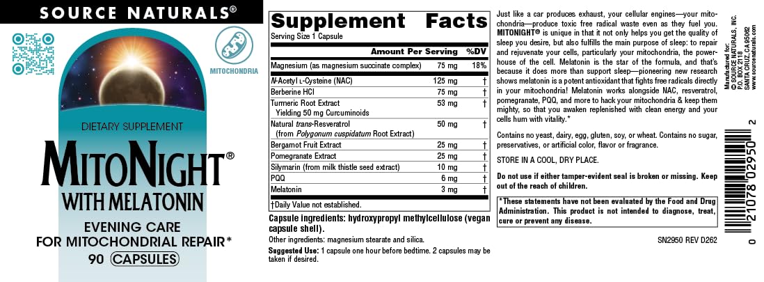 Source Naturals MitoNight with Melatonin, Evening Care for Mitochondrial Repair, 90 Capsules