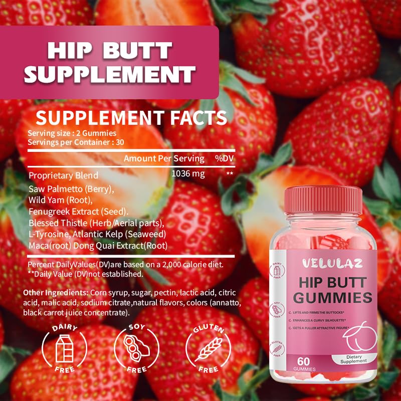 Velulaz Booty Gummies for Women - BBL Gummies with Multivitamins and Herbal Extracts - Strawberry Flavor - Gummy, 60 Count