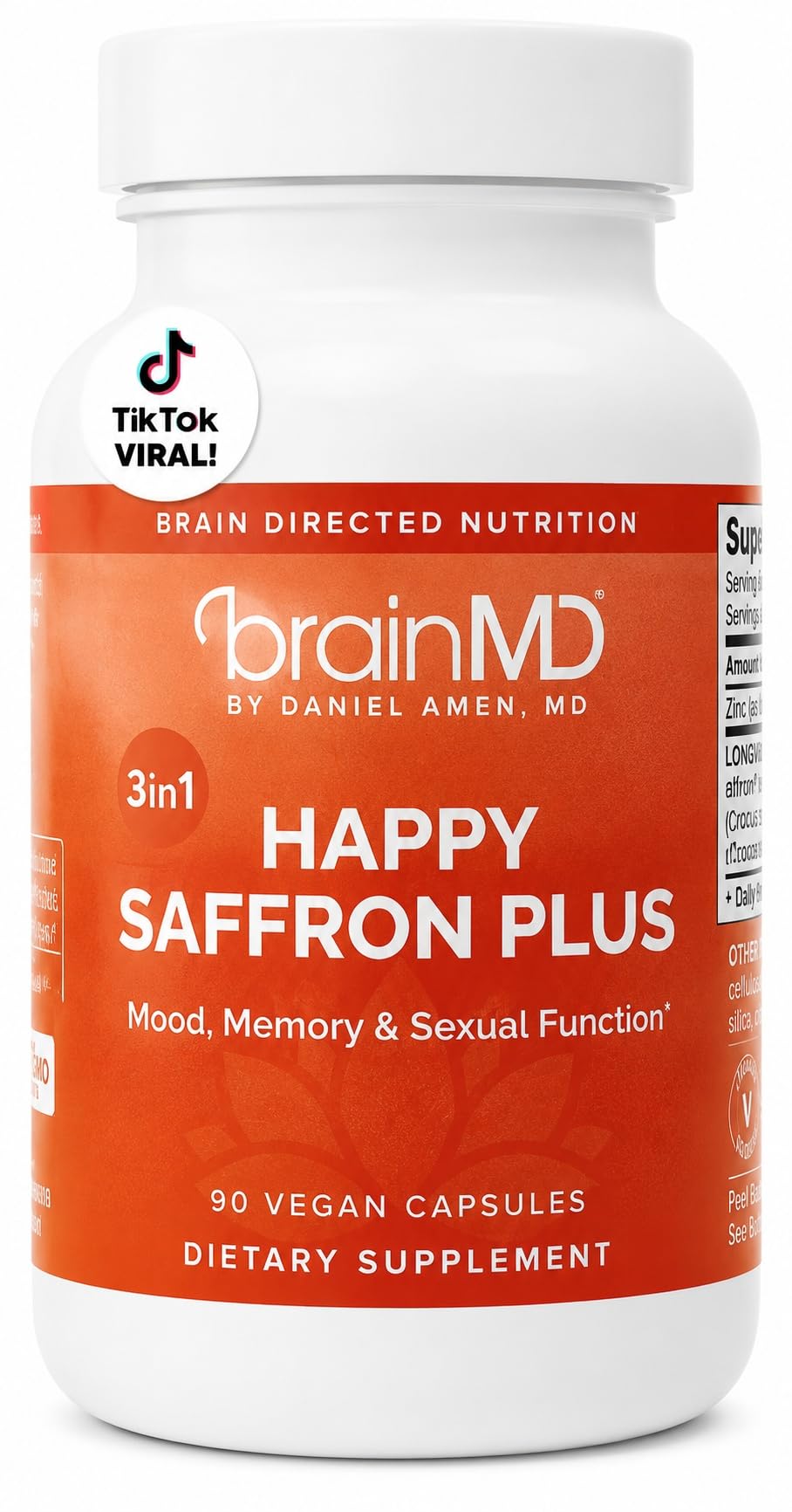 BRAINMD Dr Amen Happy Saffron Plus - 90 Capsules - with Saffron Flower Extract, Curcumin & Zinc - Vegan, Gluten Free - 30 Servings