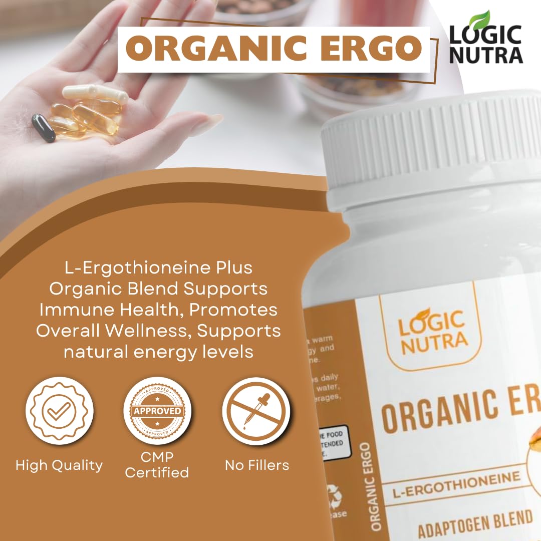 Logic Nutra L-Ergothioneine Plus Organic Blend of Cordyceps Mushroom, Lion’s Mane, Reishi, Astragalus, Siberian Ginseng, Ashwagandha, 60 Capsules
