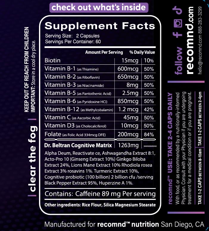 recomnd Clear Focus Brain Supplements for Memory and Focus Support with Ashwaghanda, Lions Mane, Ginkgo Biloba, 120 Capsules
