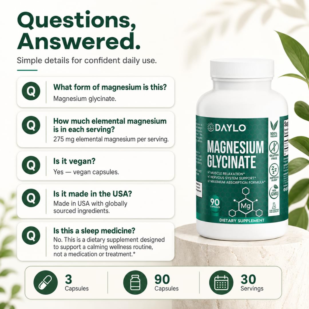 DAYLO Magnesium Glycinate Capsules 275 mg Elemental Magnesium Daily Magnesium Supplement for Relaxation, Muscle Function & Nighttime Routine Support, 90 Capsules