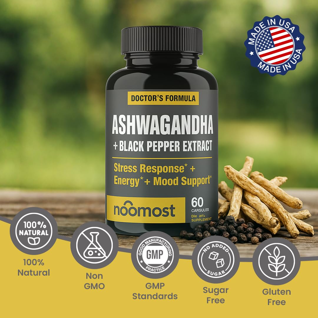 NooMost Organic Ashwagandha 400mg Capsules with Black Pepper Extract, Vegan Ashwagandha for Stress Relief, Mood Support, Energy & Focus, 60 Capsules
