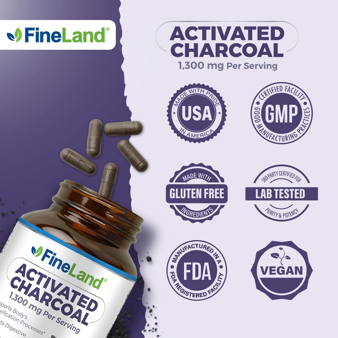 FineLand Activated Charcoal 1300mg Capsules, 120 Count