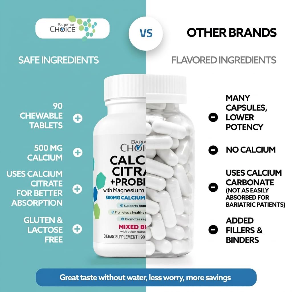 Bariatric Choice Calcium Citrate 500mg with Vitamin D3, Magnesium & Probiotics Tablets, 90 Count