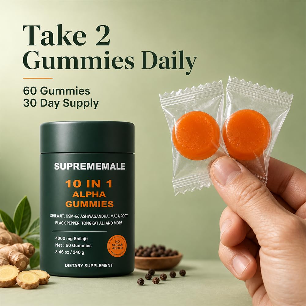 TOGOLIUN Supreme Male Alpha Gummies 10 in 1 Alpha Shilajit Gummies with Tongkat Ali & Maca Root for Men, 60 Gummies