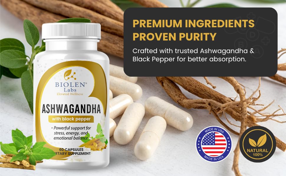 Biolen Labs Elevated Wellness Ashwagandha Extra Strength with Black Pepper 1300mg Capsules, 60 Count