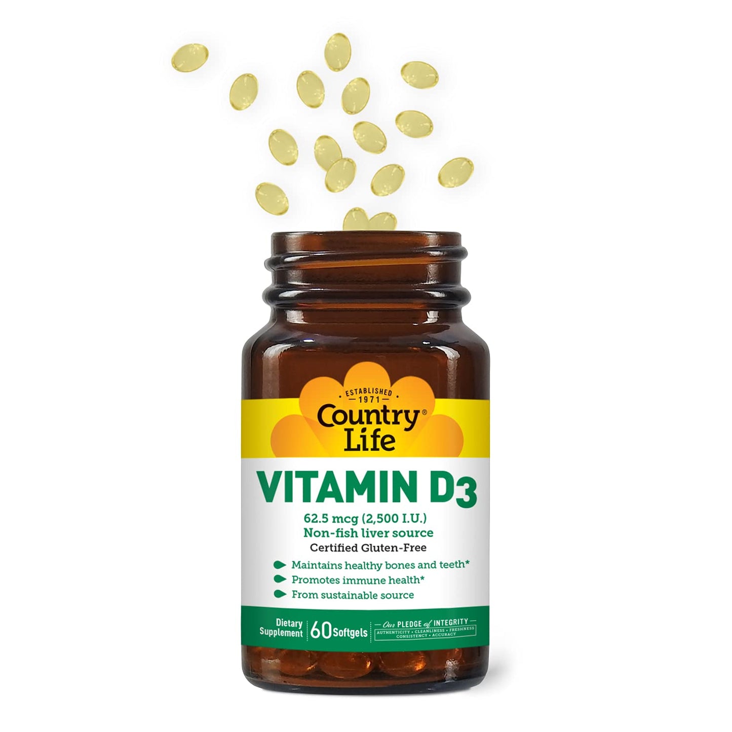 Country Life Vitamin D3 2500 IU Gluten-Free Softgels, 60 Count