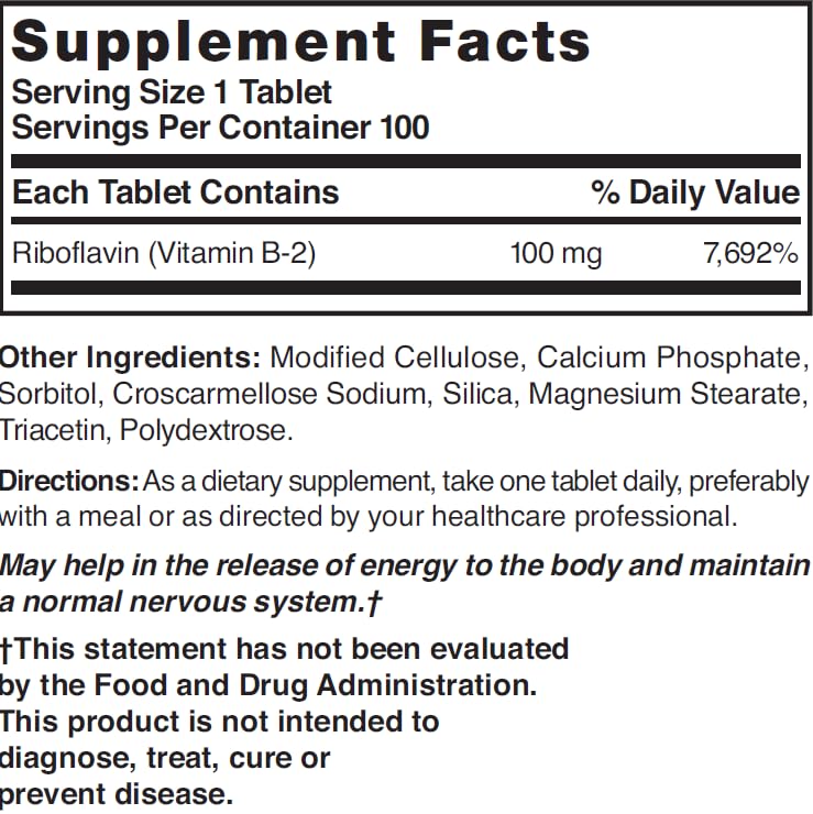 Nature's Blend Vitamin B-2 Riboflavin Tablet 100 mg, 100 Tablets