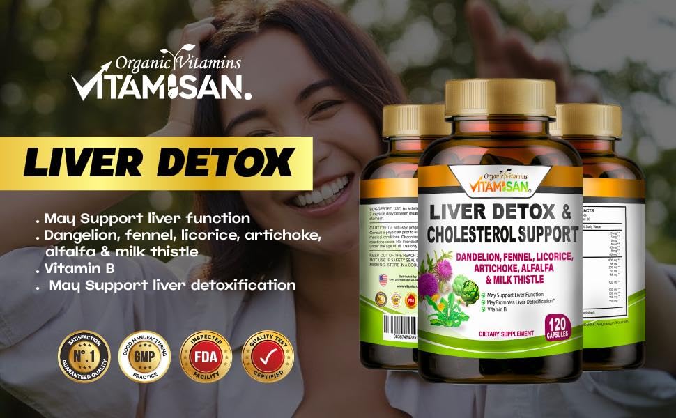 VITAMISAN Liver Cleanse Detox Capsules with Milk Thistle, Fennel, Alfalfa, Vitamin B, Artichoke & Dandelion Root – Immune Support for Men & Women, 240 Capsules